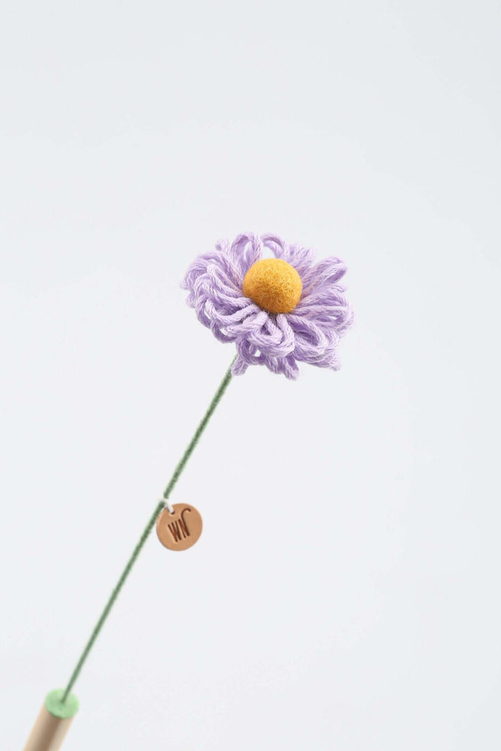 Cute handmade flower stem cat toy in lavender color, perfect for interactive play with your cat.