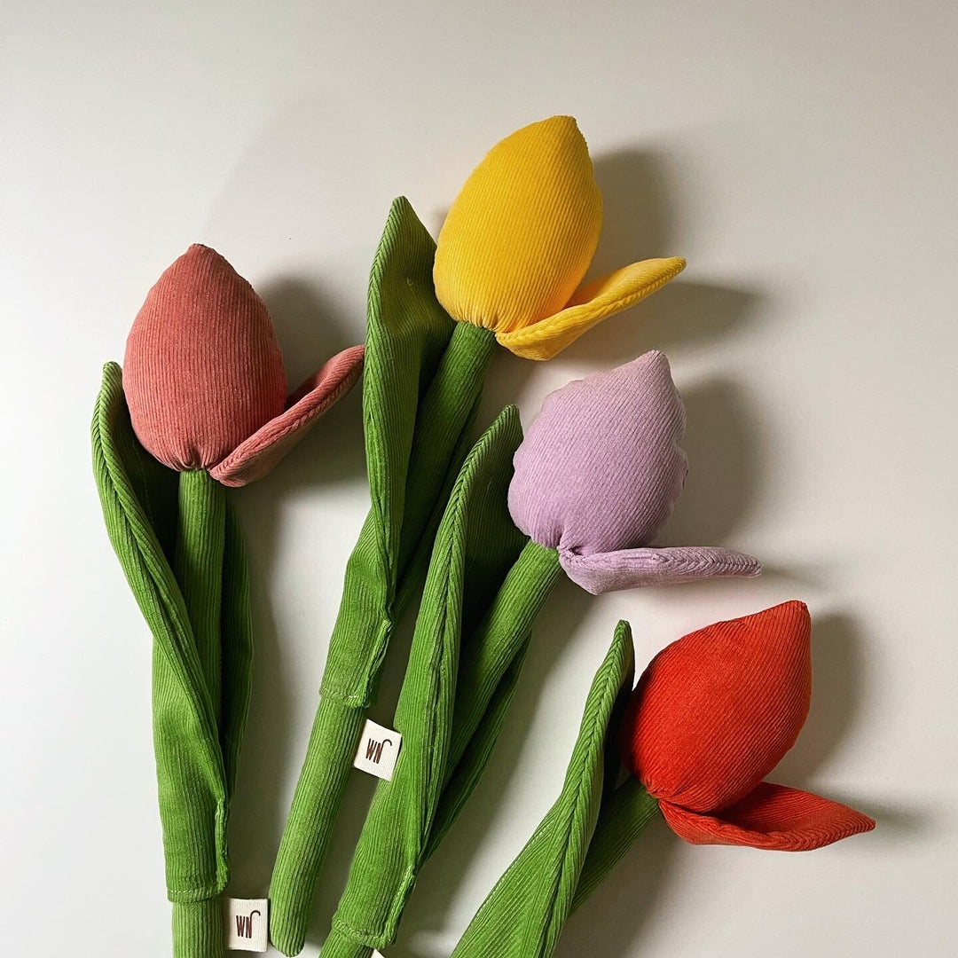 Handmade stylish tulip catnip toys in colorful corduroy fabric, imported from South Korea. Unique cat toy for playful cats.