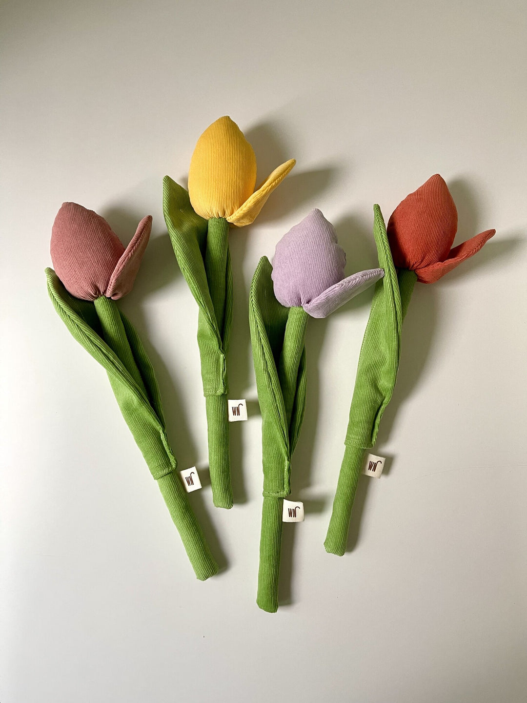 Stylish handmade Tulip Catnip Toys in green corduroy with soft tulip tops in various colors, perfect unique catnip toys from South Korea.