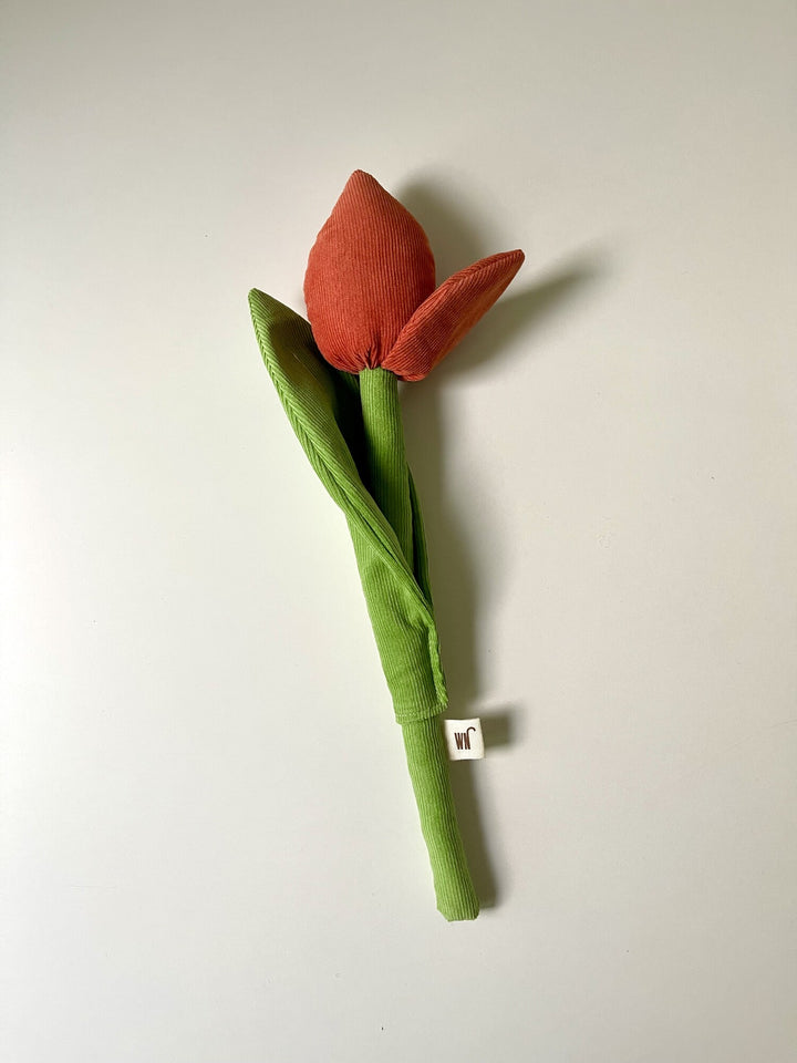 Tulip-shaped corduroy catnip toy in orange and green, handmade in South Korea – stylish, unique cat toy with catnip scent.