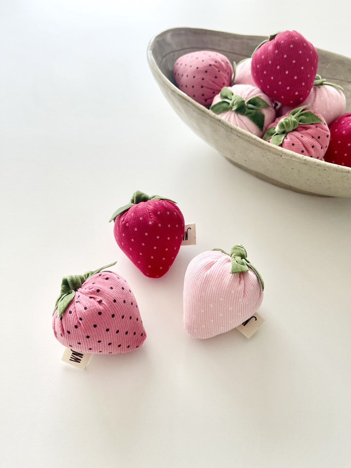 Set of 3 handmade strawberry catnip toys in various colors on a table, perfect cat toy imported from South Korea