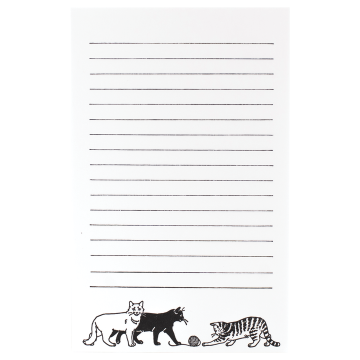 Letterpress-printed notepad with drawings of cats playing with a ball of yarn, 60 tear-off sheets, 100% recycled paper, 3.5 x 5.5 inches