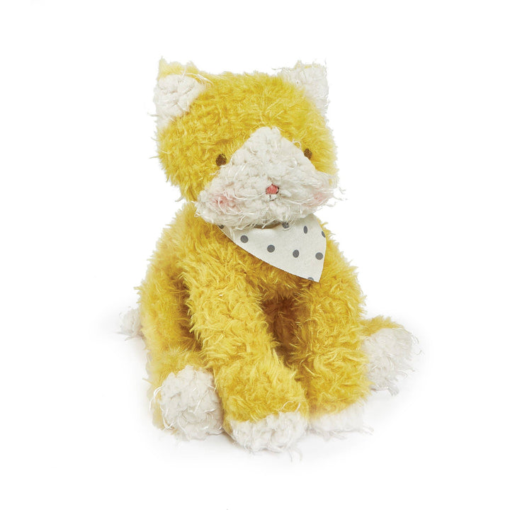 Adorable Alley Cat stuffed animal with mustard yellow scruffy fur, cream muzzle, and polka dot scarf. Ideal cat themed gifts for kids and unique stuffed animals.