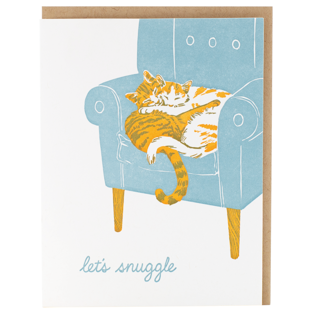 Two cats snuggling on a seafoam mid-century modern armchair with text "Let's snuggle" below. Letterpress printed in Acton, MA.